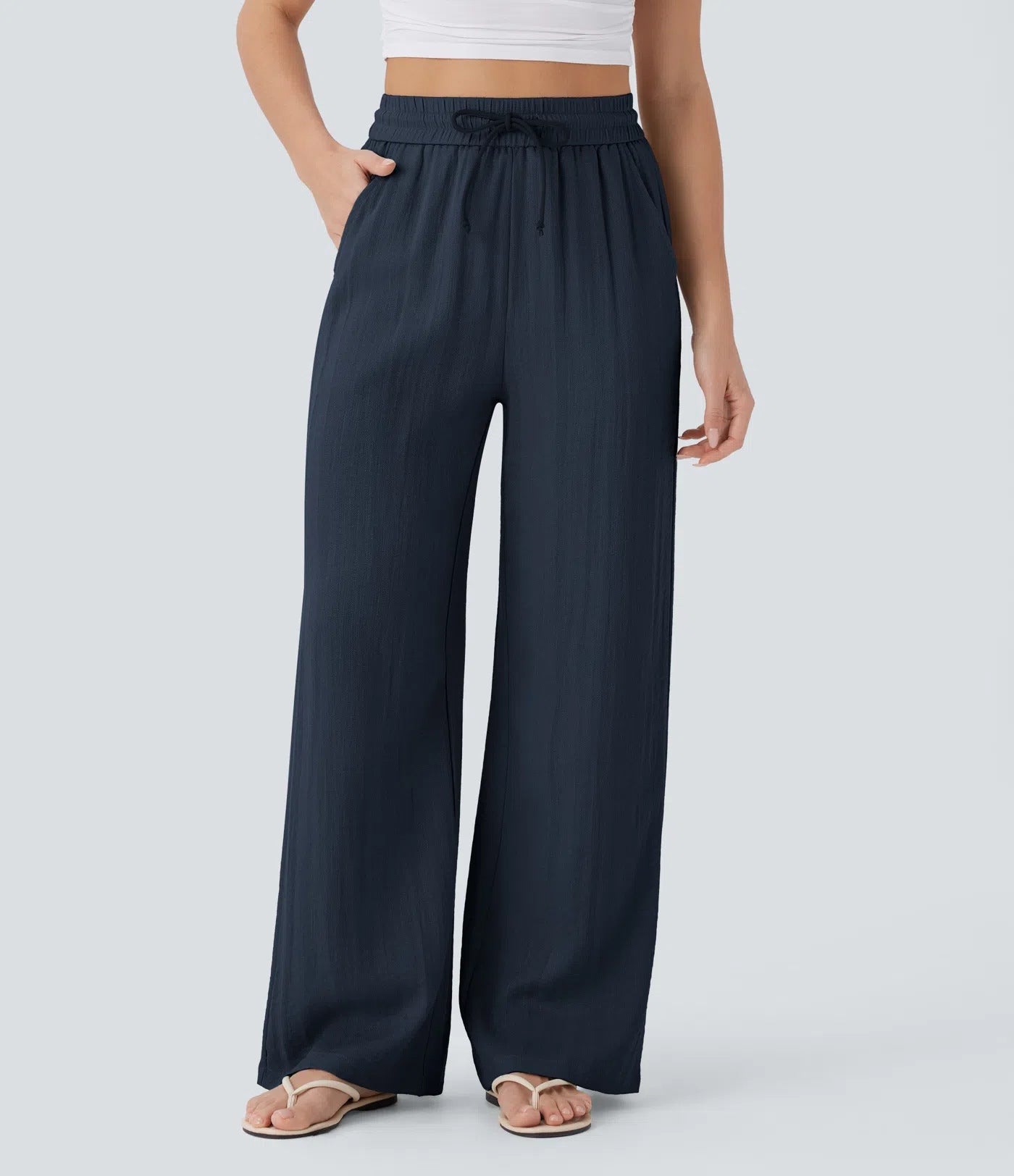 Drawstring side pocket casual linen trousers