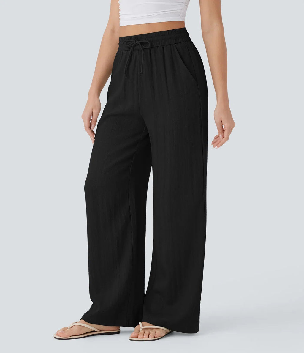 Drawstring side pocket casual linen trousers