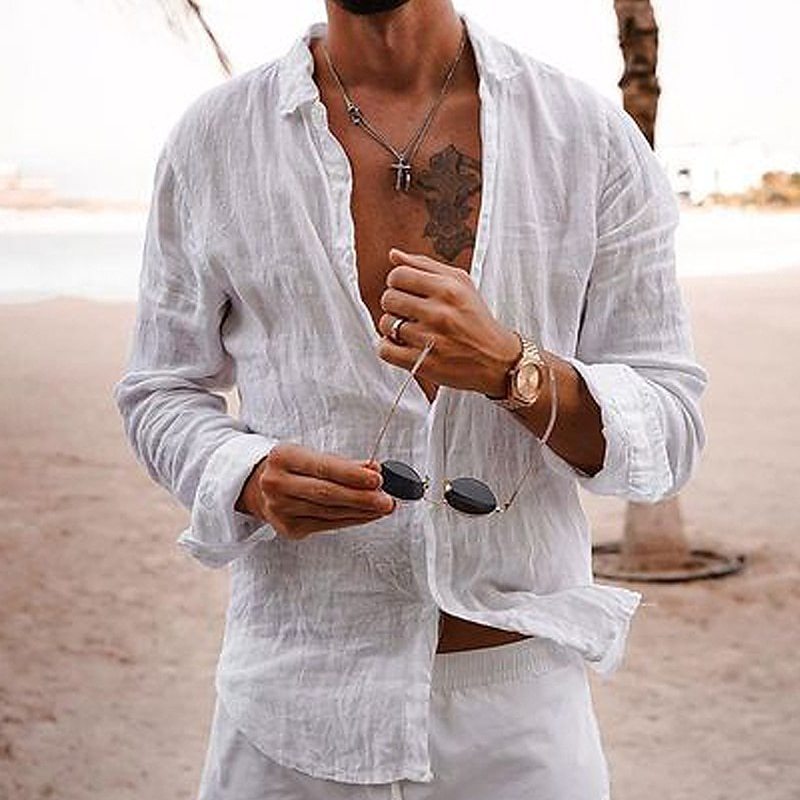 2026 New Solid Color Loose Single-Breasted Collar Cotton Linen Long-Sleeved Shirt