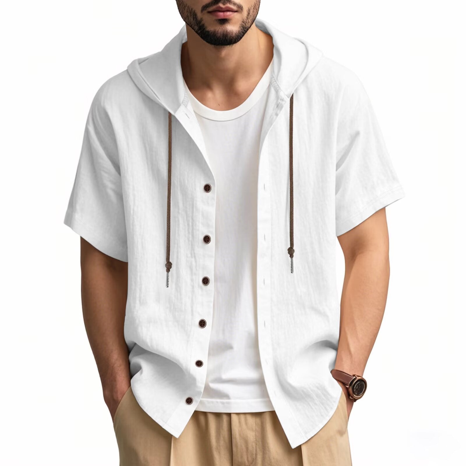 Men's hooded shirt, solid color cotton and linen casual short-sleeved top