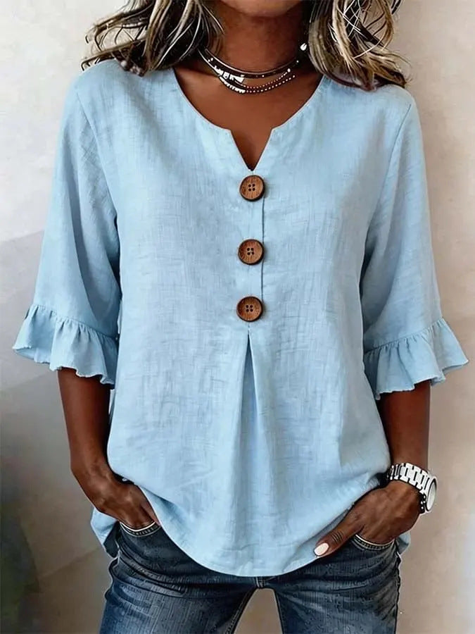 Summer Women's V-neck Cotton Linen Button-up Top