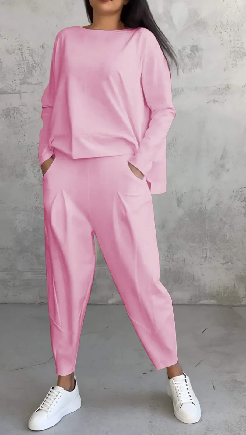Solid color crew neck long-sleeved suit