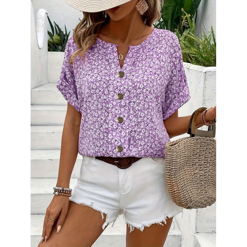 Elegant floral print button short-sleeved T-shirt