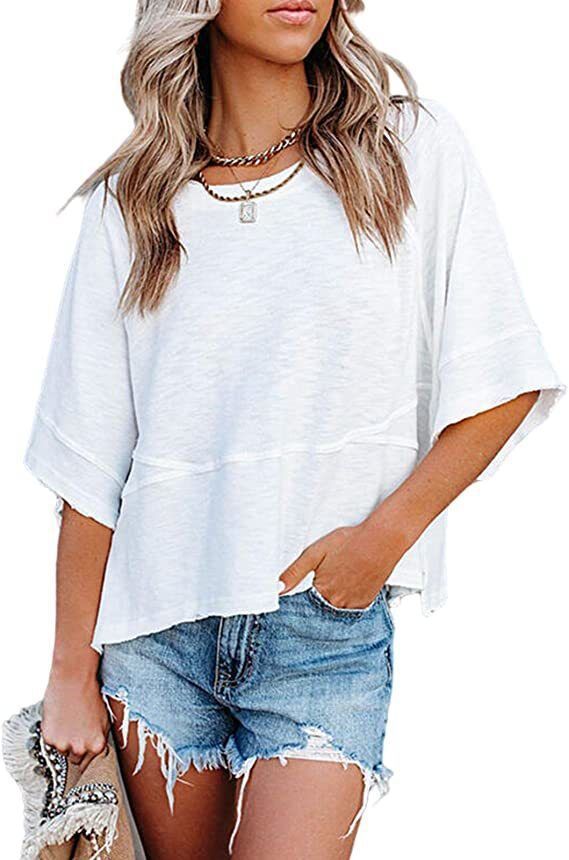 New summer style patchwork solid color round neck five-quarter flared sleeve loose top T-shirt