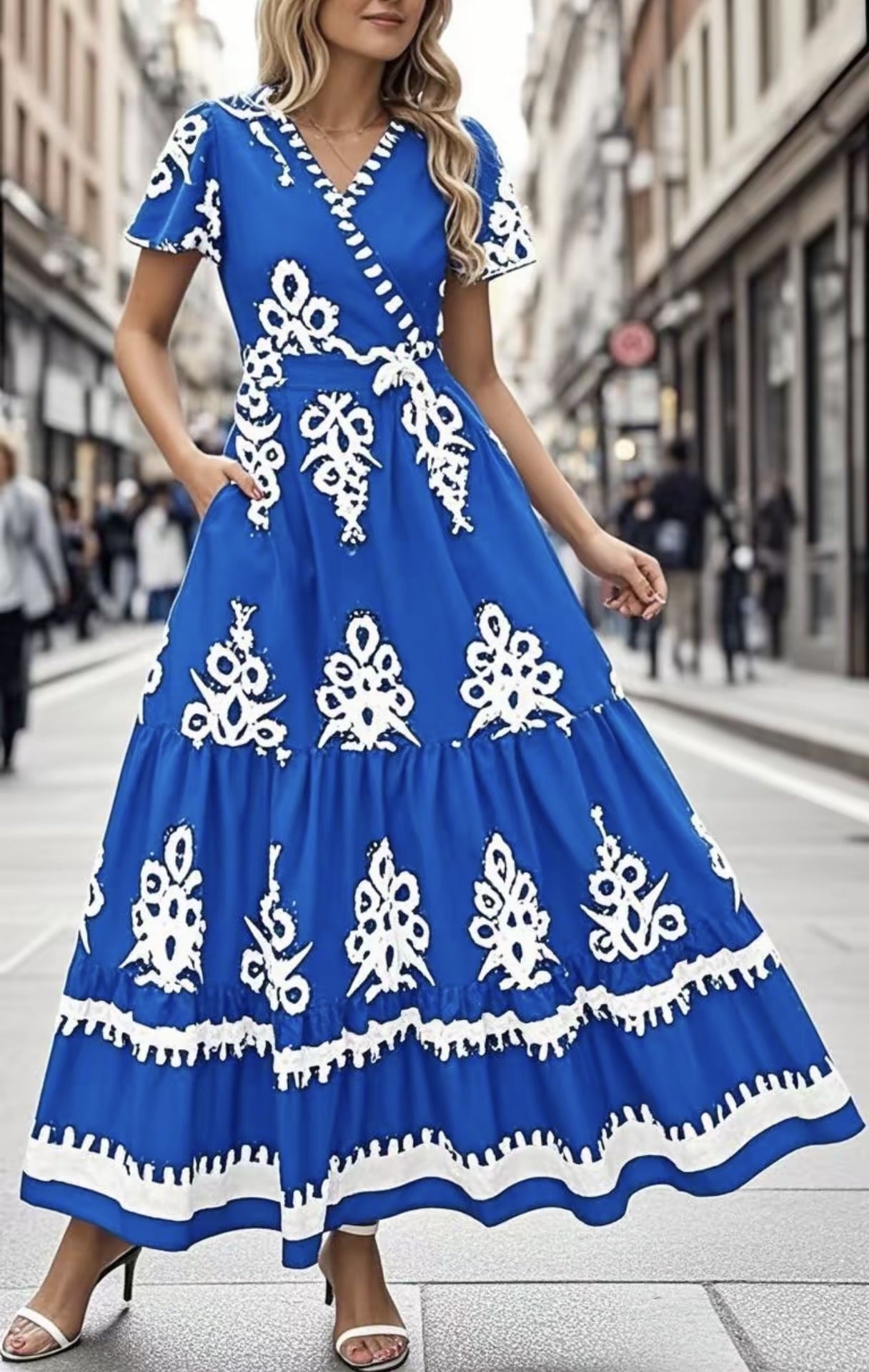 New V-neck Bohemian flowy bell sleeve layered print dress