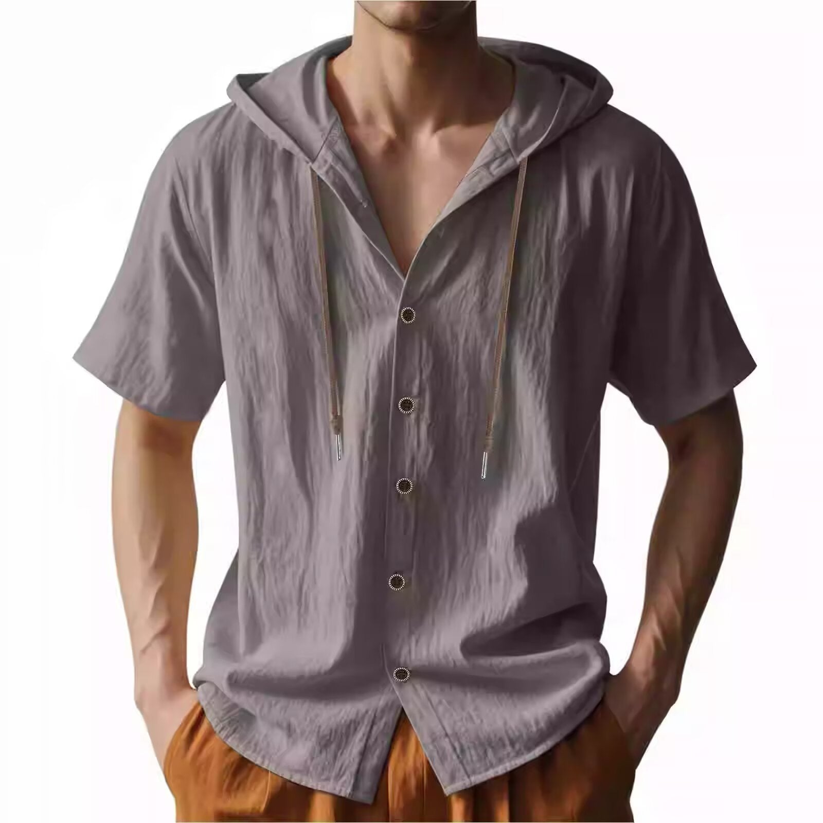 Men's hooded shirt, solid color cotton and linen casual short-sleeved top