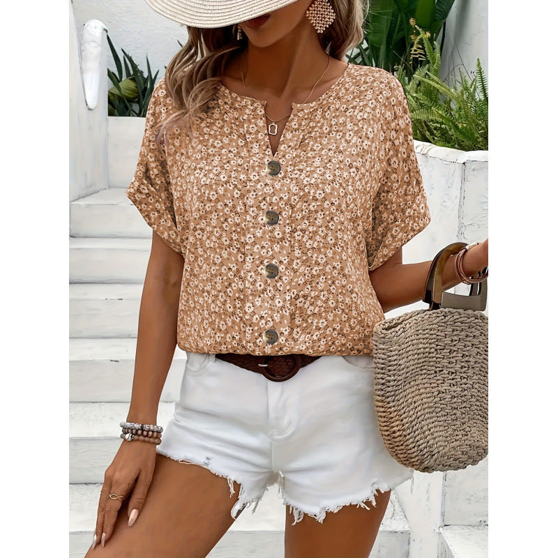 Elegant floral print button short-sleeved T-shirt