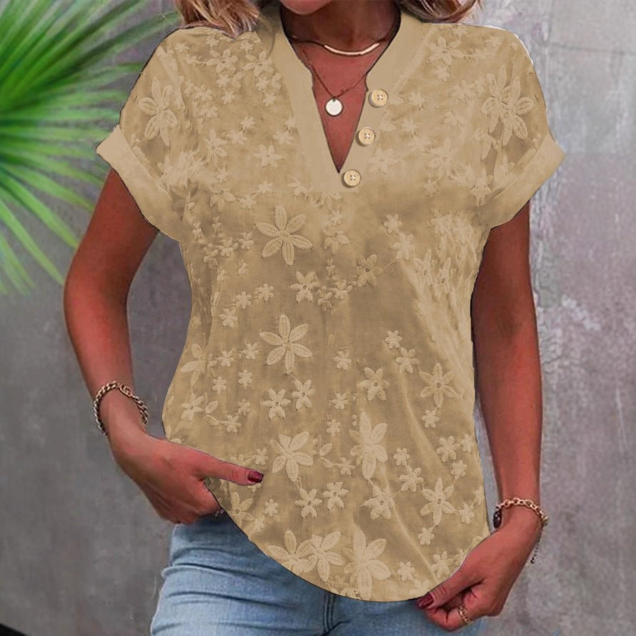 Summer Simple Casual Solid Color V-neck Short Sleeve Shirt