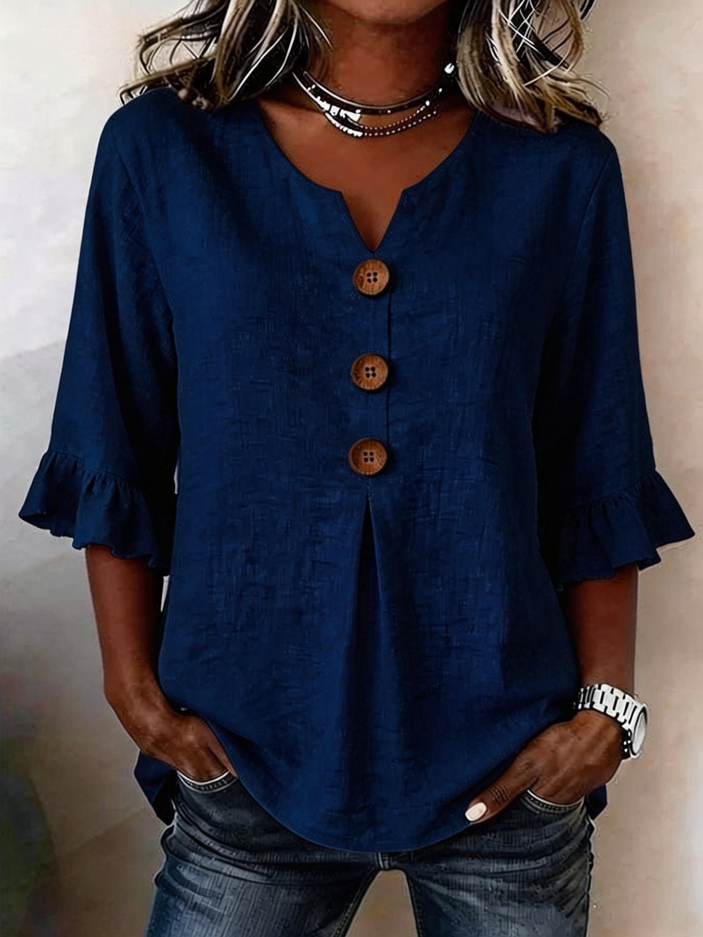 Summer Women's V-neck Cotton Linen Button-up Top