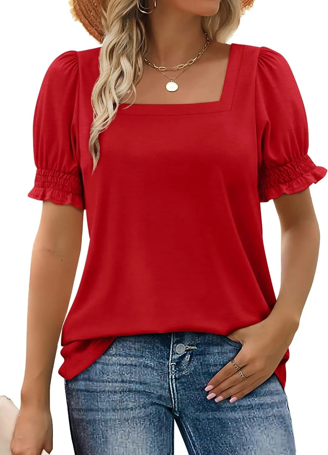 New summer fashion simple U-neck petal sleeve loose T-shirt