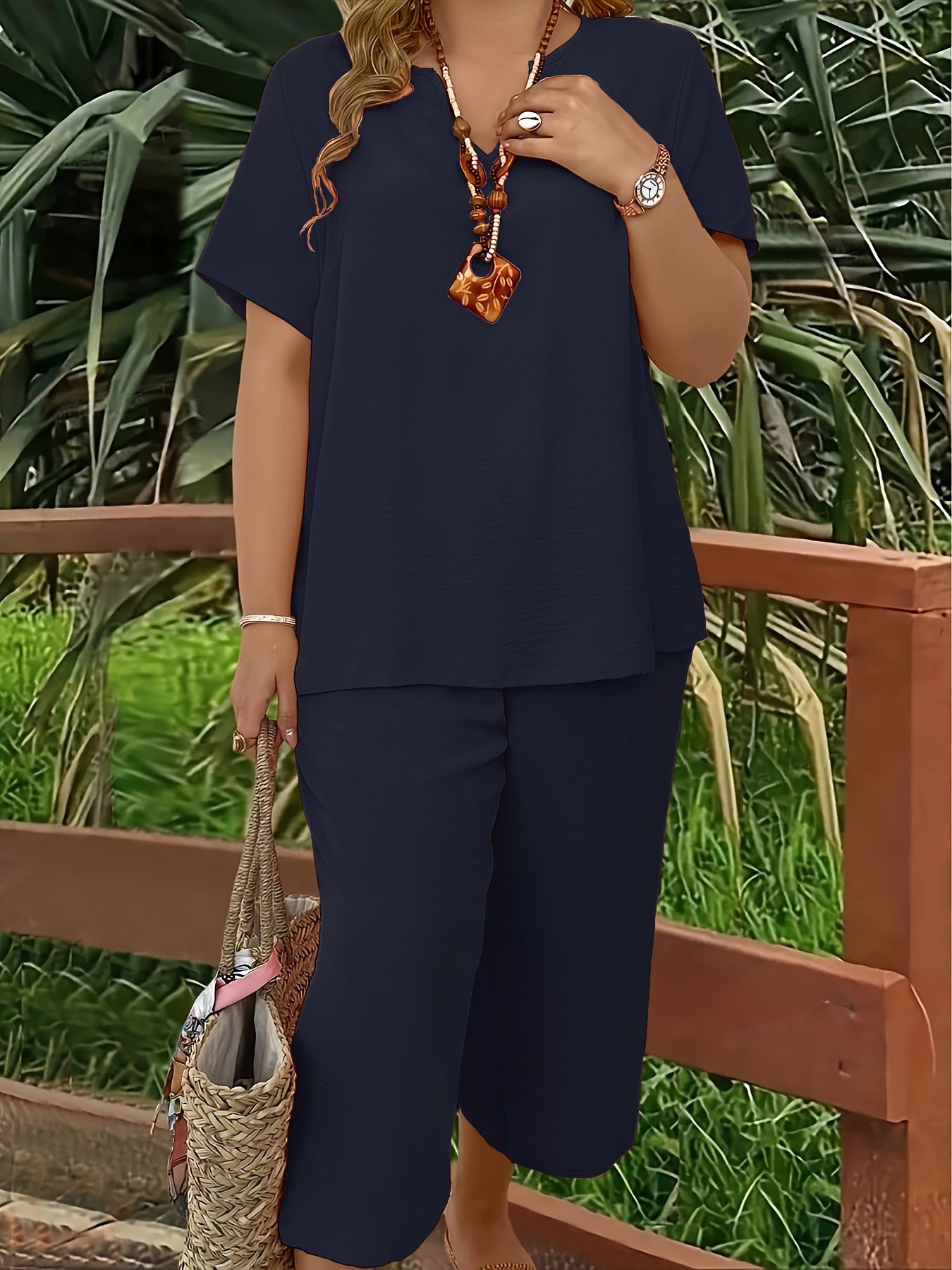 Spring/Summer Fashion Solid Color V-neck Short-sleeved Top and Wide-leg Pants Set