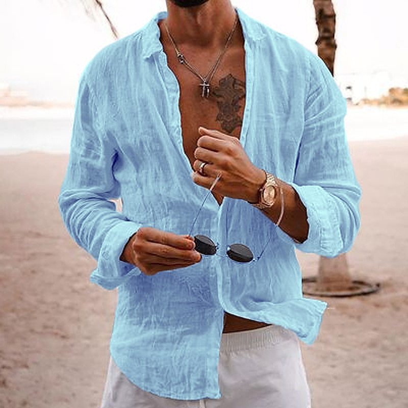 2026 New Solid Color Loose Single-Breasted Collar Cotton Linen Long-Sleeved Shirt