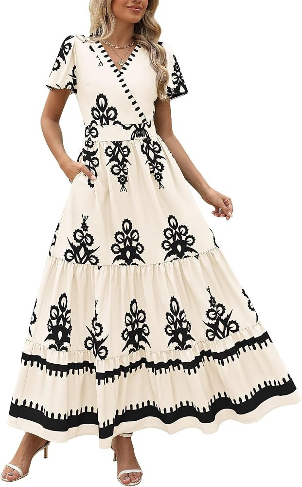 New V-neck Bohemian flowy bell sleeve layered print dress