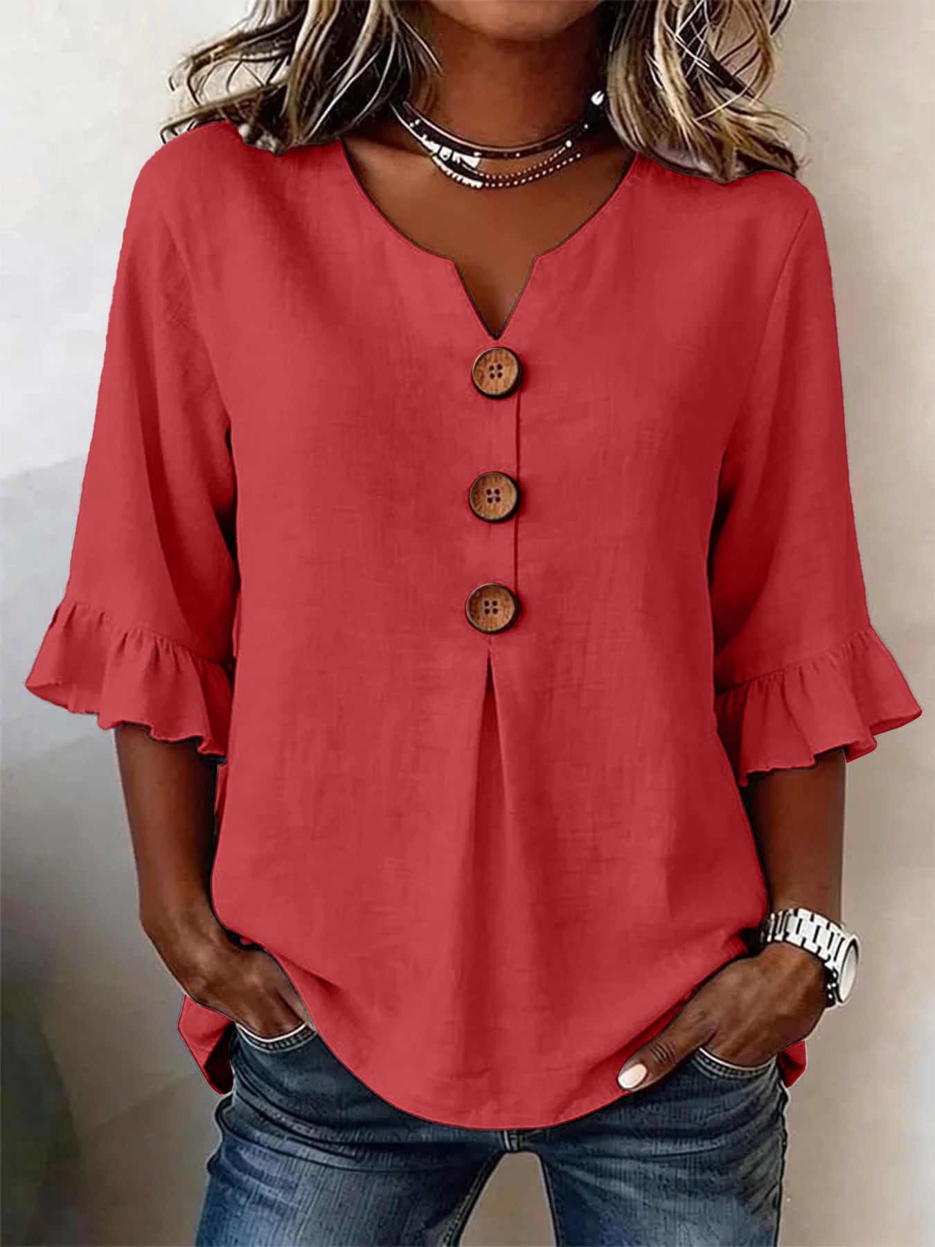 Summer Women's V-neck Cotton Linen Button-up Top