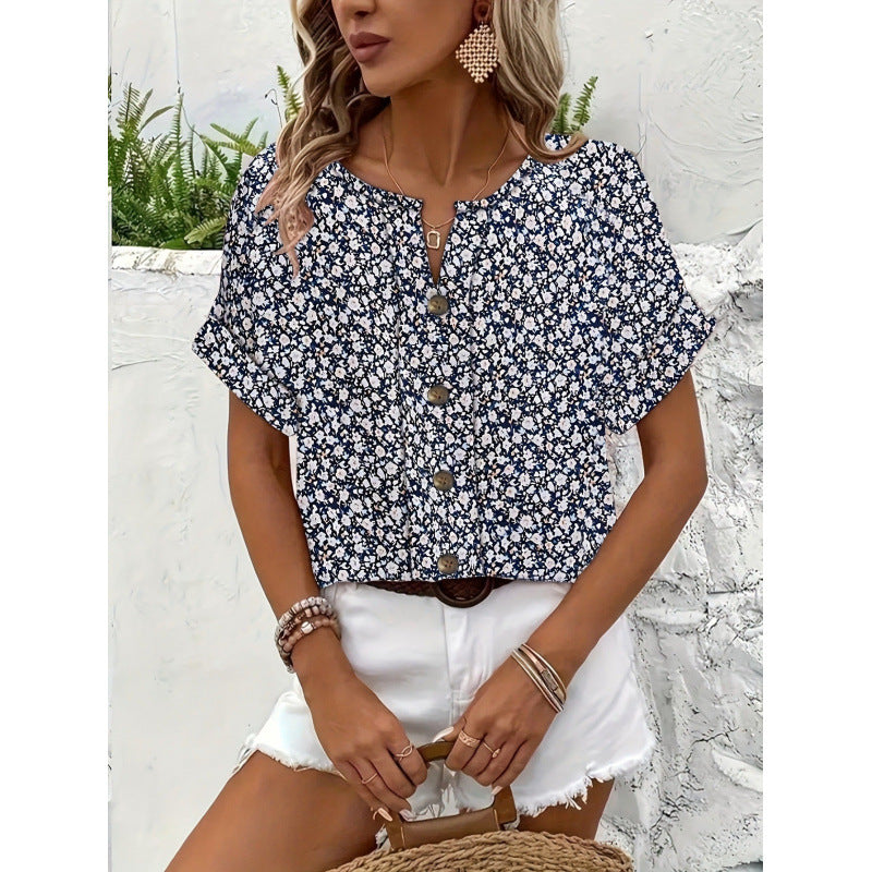 Elegant floral print button short-sleeved T-shirt