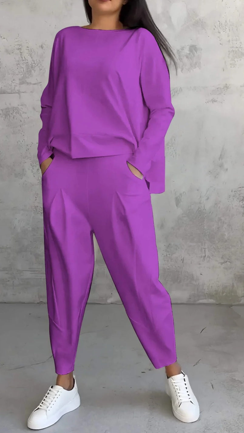 Solid color crew neck long-sleeved suit
