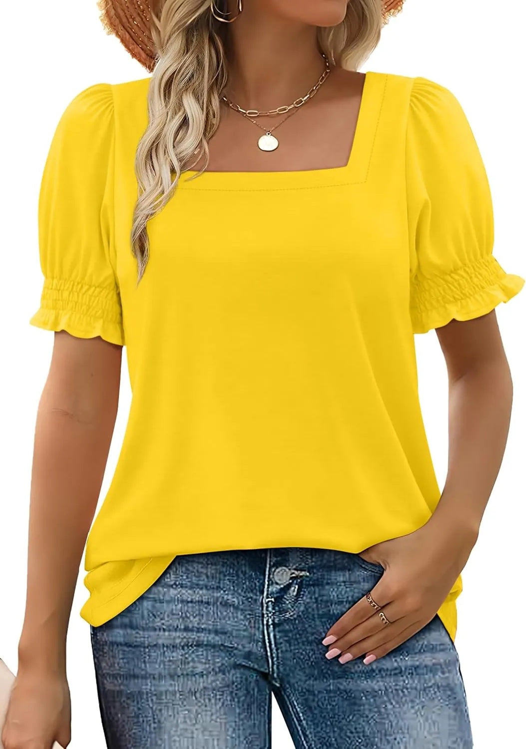 New summer fashion simple U-neck petal sleeve loose T-shirt
