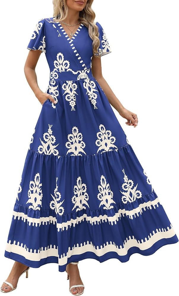 New V-neck Bohemian flowy bell sleeve layered print dress