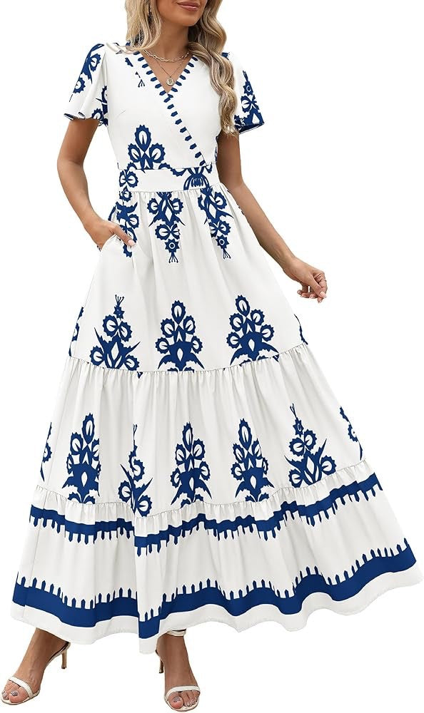 New V-neck Bohemian flowy bell sleeve layered print dress