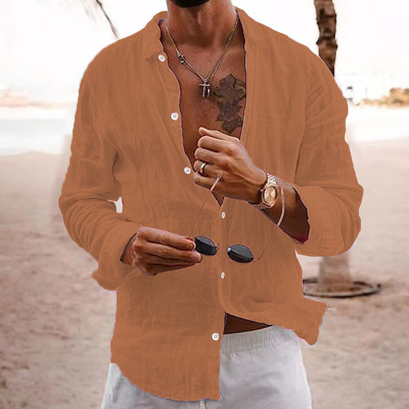 2026 New Solid Color Loose Single-Breasted Collar Cotton Linen Long-Sleeved Shirt