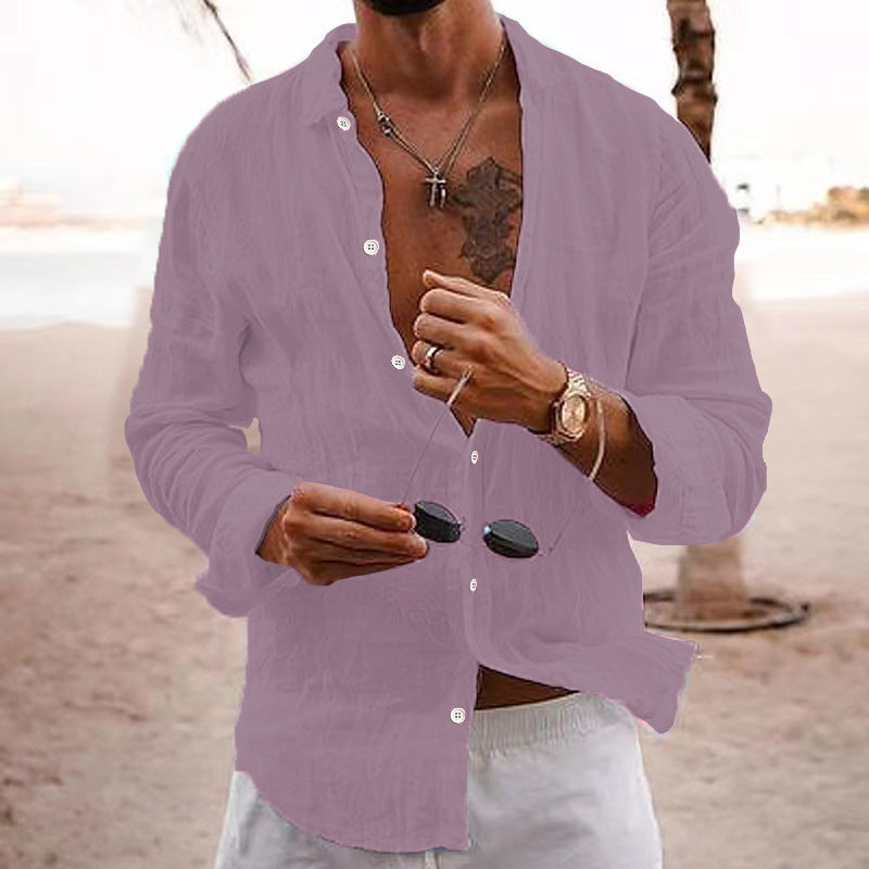 2026 New Solid Color Loose Single-Breasted Collar Cotton Linen Long-Sleeved Shirt