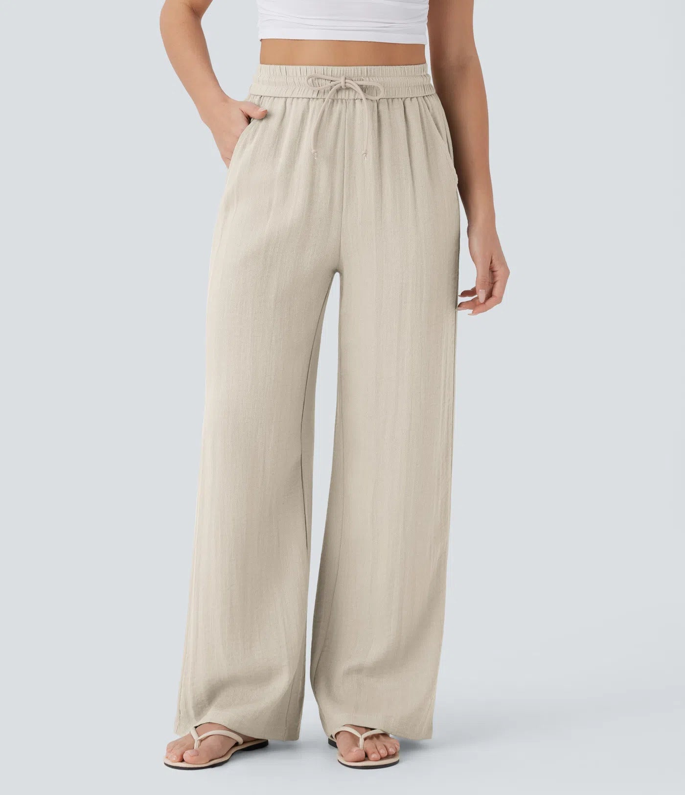 Drawstring side pocket casual linen trousers